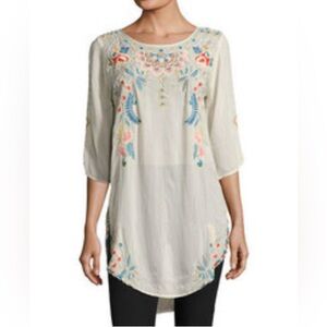 Johnny Was Sindri  Cream Tunic with Colorful Floral Embroidery Boho Fairy Top L